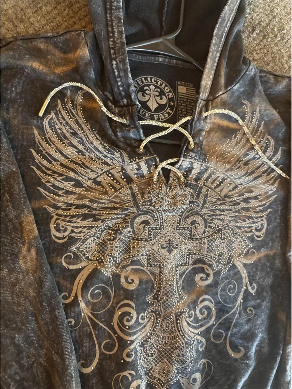 Vtg Y2K Affliction Women's Crop Hoodie Cross Wings Black Size Medium Faded - Picture 5 of 13